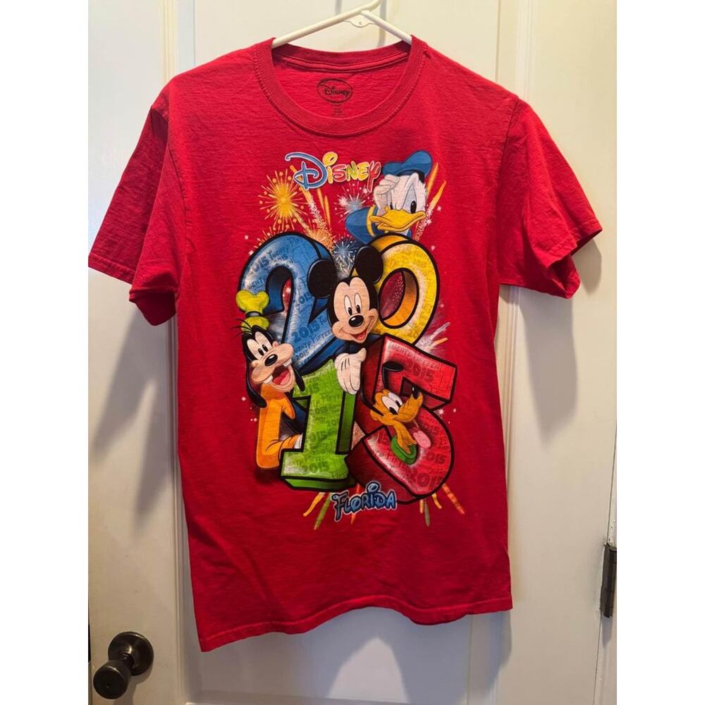 Disney Men's Medium Red Mickey, Goofy, Donald, & Pluto 2015 Florida T-Shirt